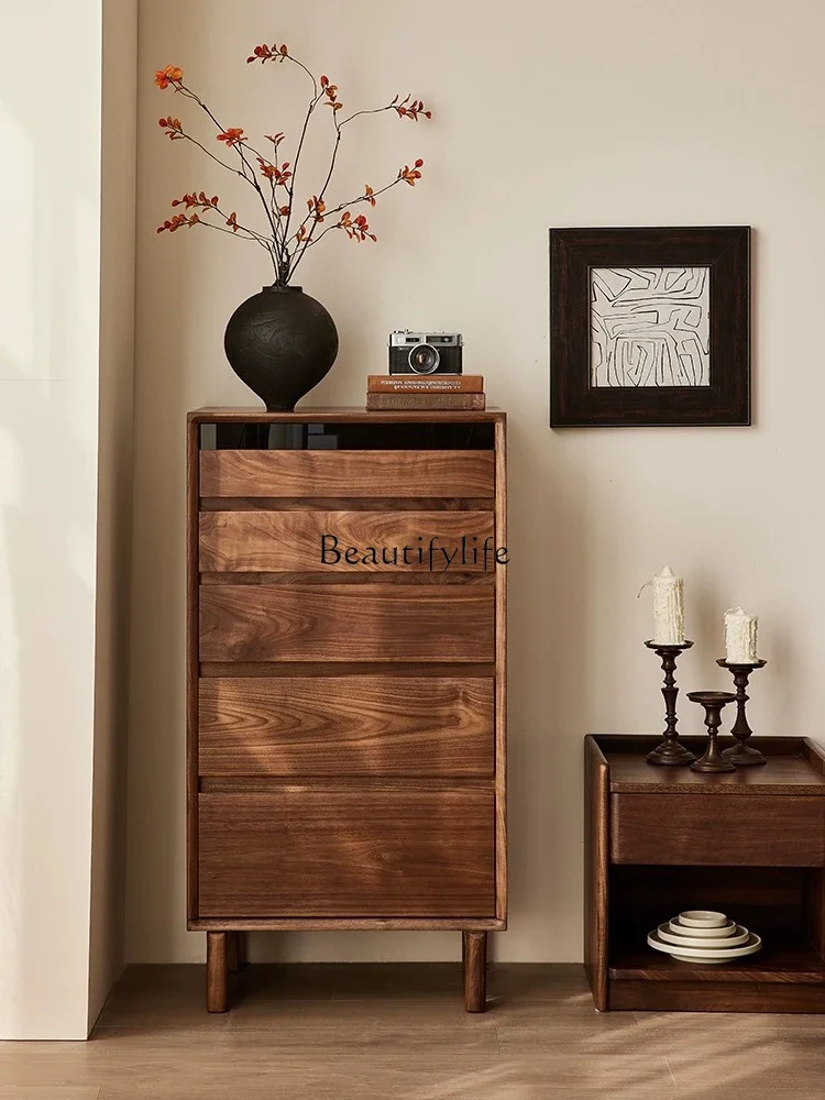 

FG17Nordic Black Walnut Five-Drawer Wooden Chest of Drawers Retro Japanese Style Solid Wood Drawer Storage Organizer Cabinet