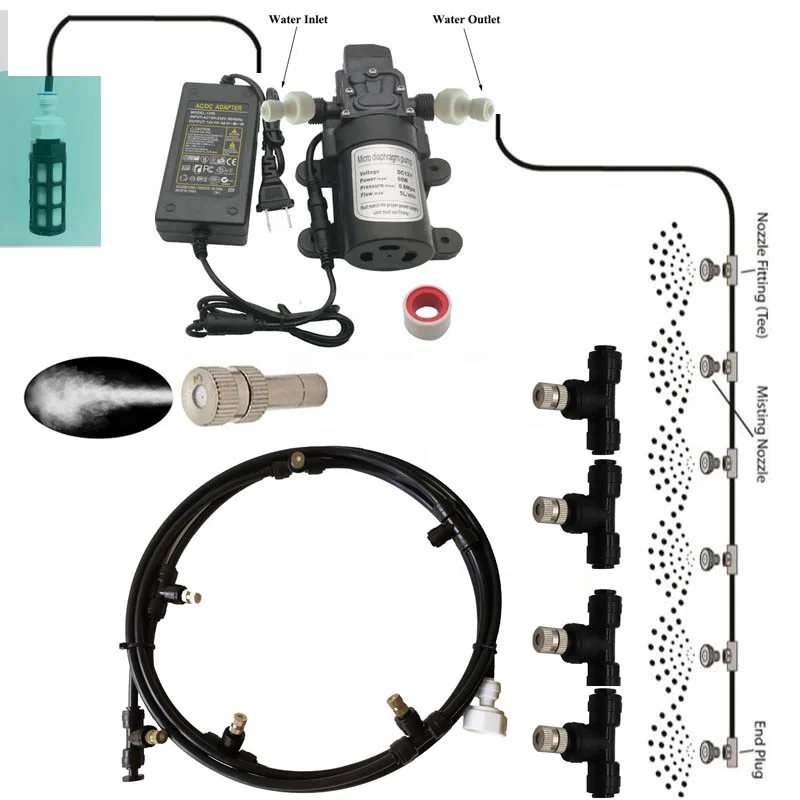 12V Water Spray Electric Diaphragm Pump Kit Greenhouse Misting Automatic Water Spray Nozzle 6M Mist Cooling System