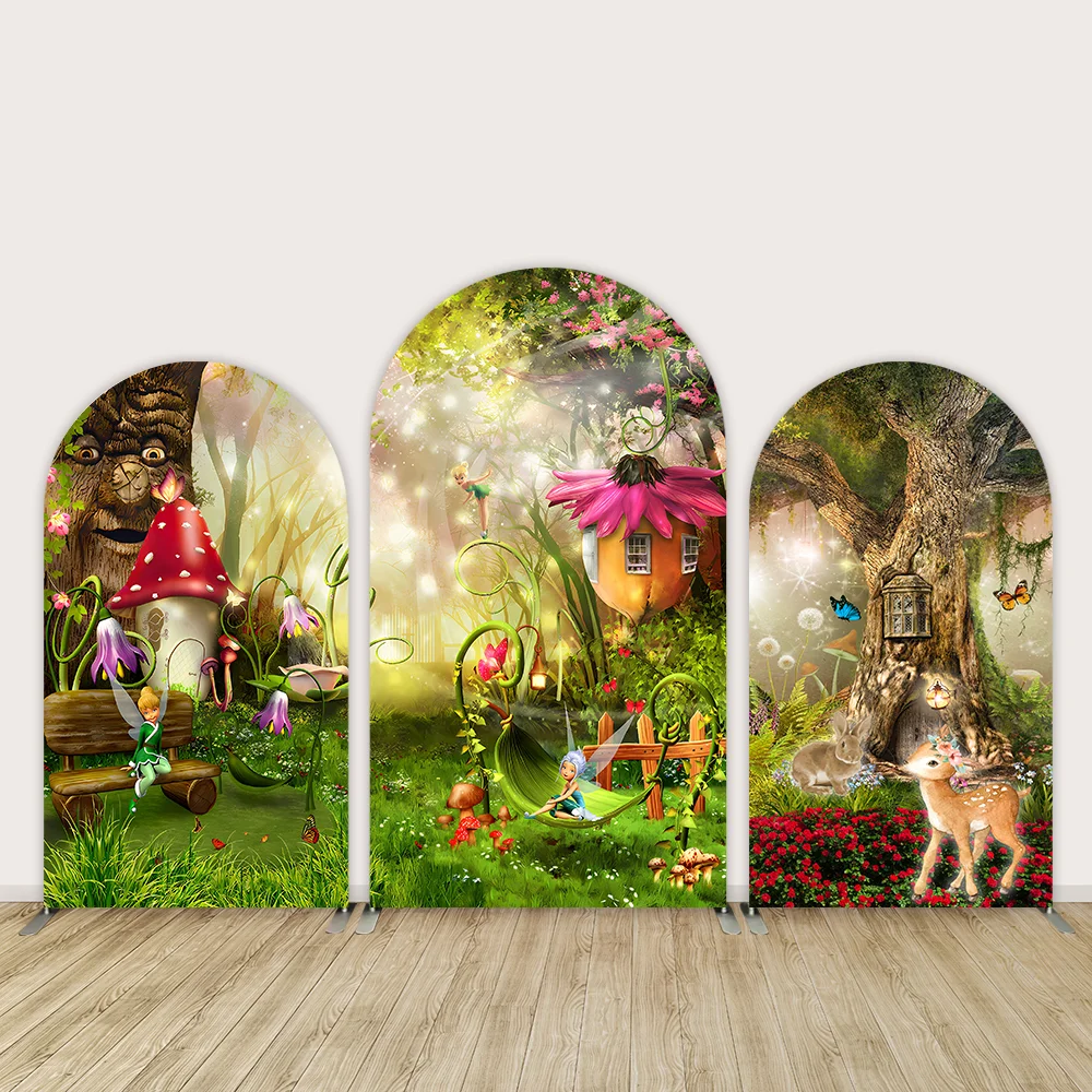 

Enchanted Forest Tinkerbell Birthday Arch Backdrop Cover Butterfly Bambi Deer Baby Birthday Arched Wall Banner Background