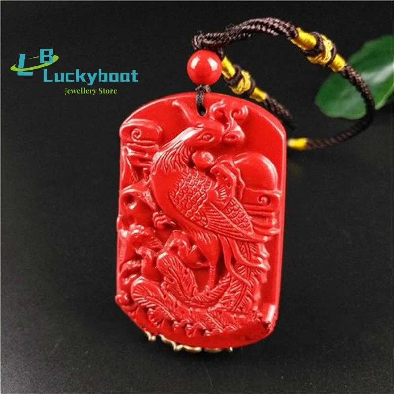 Chinese Natural Red Organic Cinnabar Stone Phoenix Pendant Necklace Fashion Charm Jewellery Lucky Amulet Gifts for Women Men