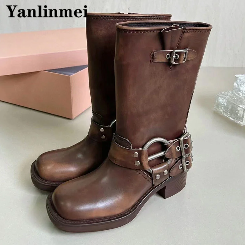 Genuine Leather Motorcycle Boots Women Round Toe Slip-On Short  Boots Square Heels Metal Belt Buckle Mid Calf Boots For Woman