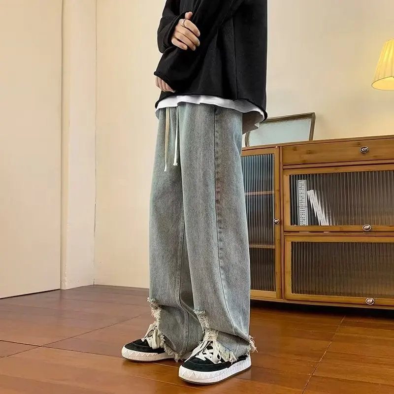 

Spring Men's Distressed Straight Leg Jeans Casual Comfortable High Waist Cotton Denim Cool Trendy Brand Street Style Pants