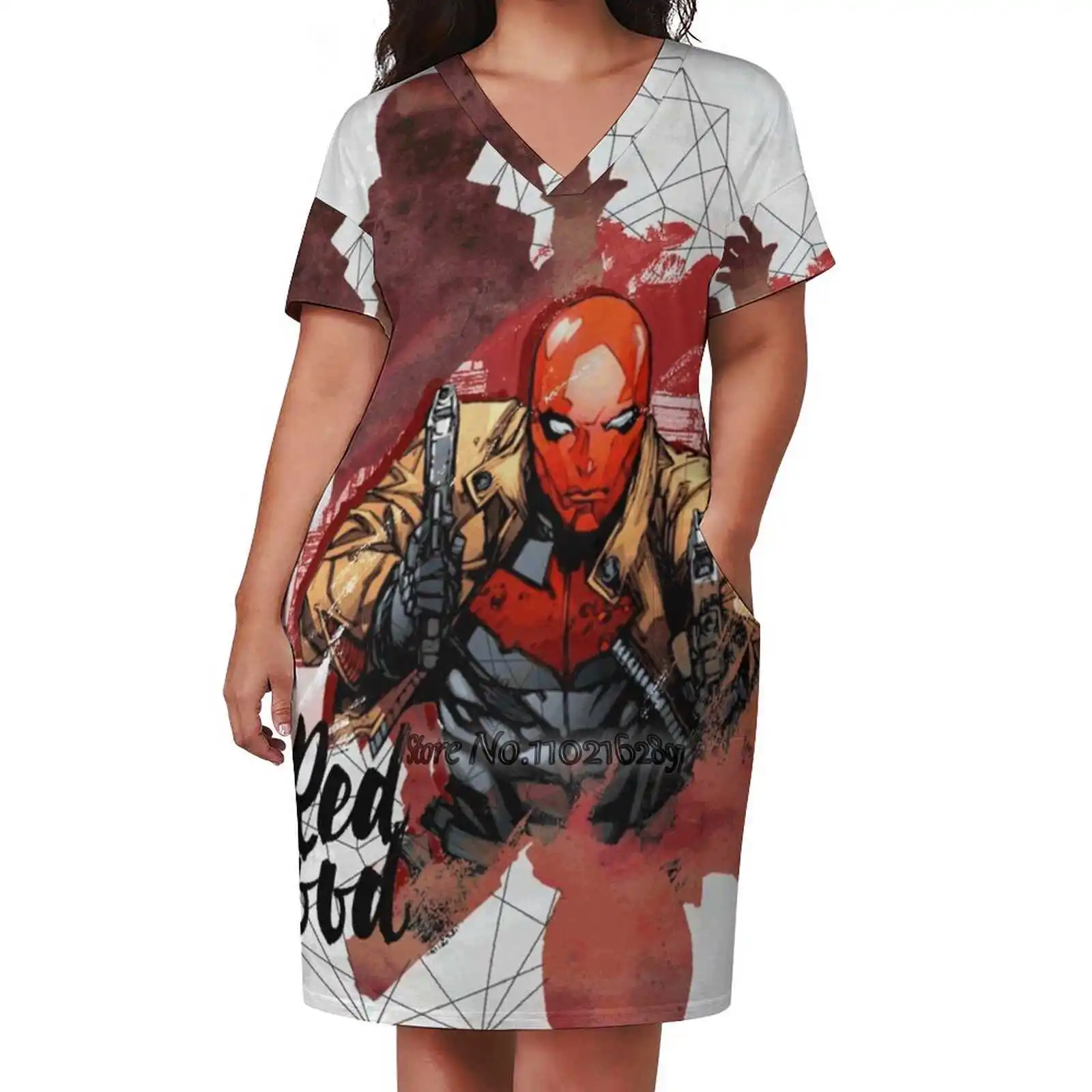 Red Hood The One With The Guns Loose V-Neck Skirt Sexy Short Sleeve Skirt Loose A-Line Dress Light And Breathable Dress Red