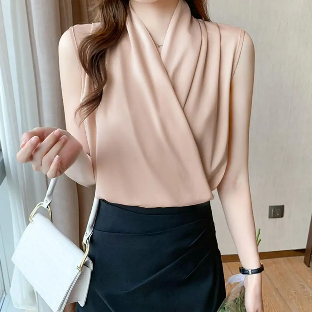 Cross Wrapped Shirt Satin Stitching V-neck Sleeveless Blouse Loose Fit Cross Wrapped Women's Summer Shirt Vest for Streetwear