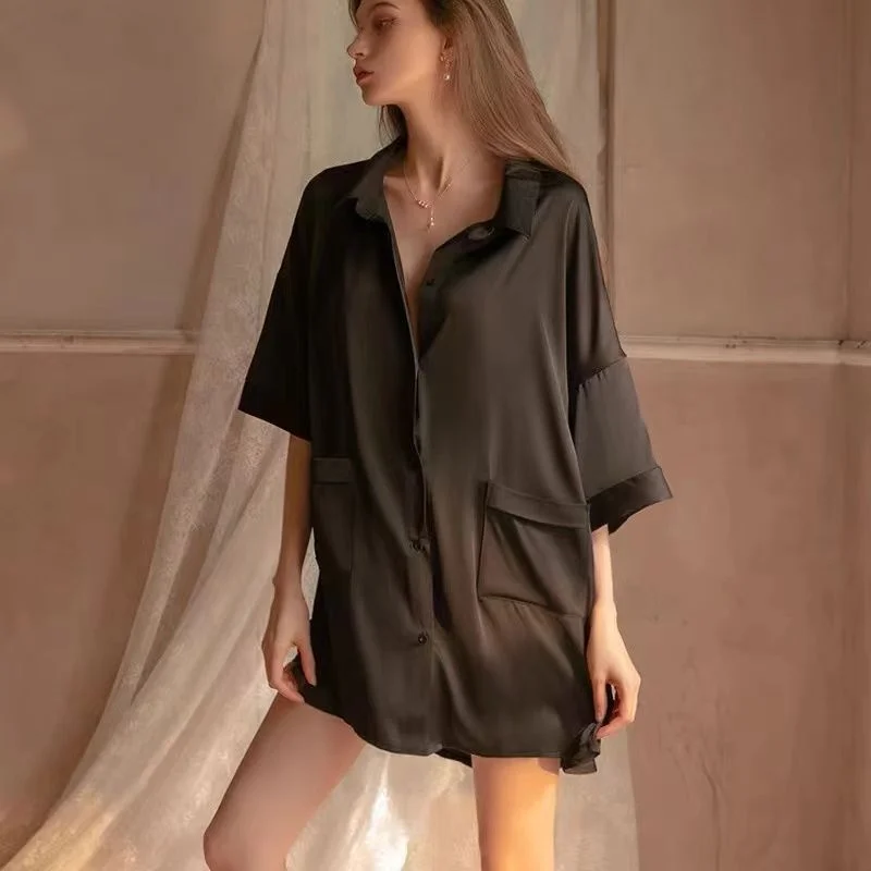 Spring Summer Cute Nightgown Women Chiffon Shirt Boyfriend Style Underwear Night Dress Loose Thin Solid Ice Silk Sleepwear