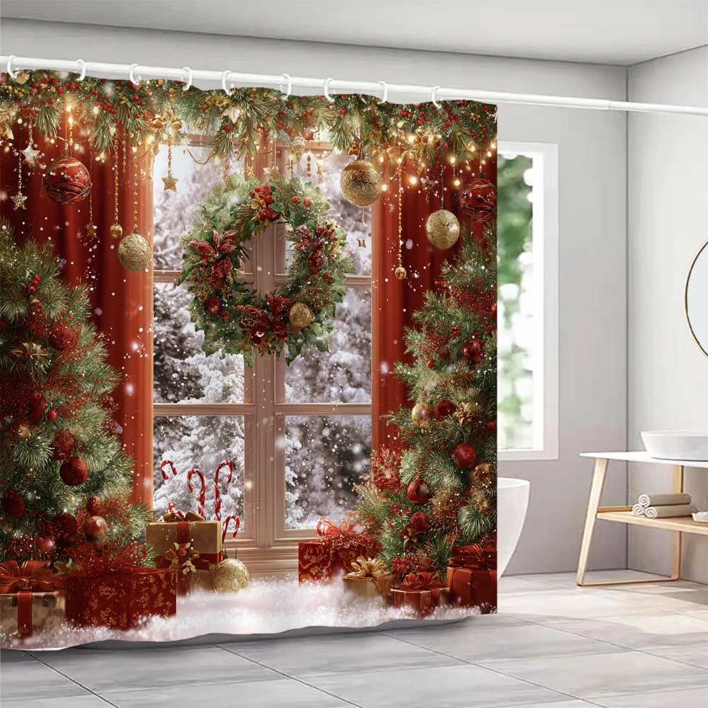 

Christmas Shower Curtain, Bathroom Decorative Christmas Happy New Year Shower Curtain, Waterproof Shower Curtain with Hooks