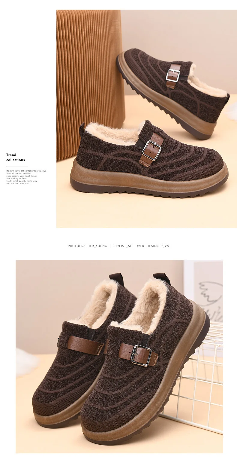 Damen-Winter-Loafer mit Fleecefutter, warme Slipper aus Strickstoff, rutschfeste Freizeitschuhe mit Schnallenriemen und dicker Plattformsohle – Detail 13