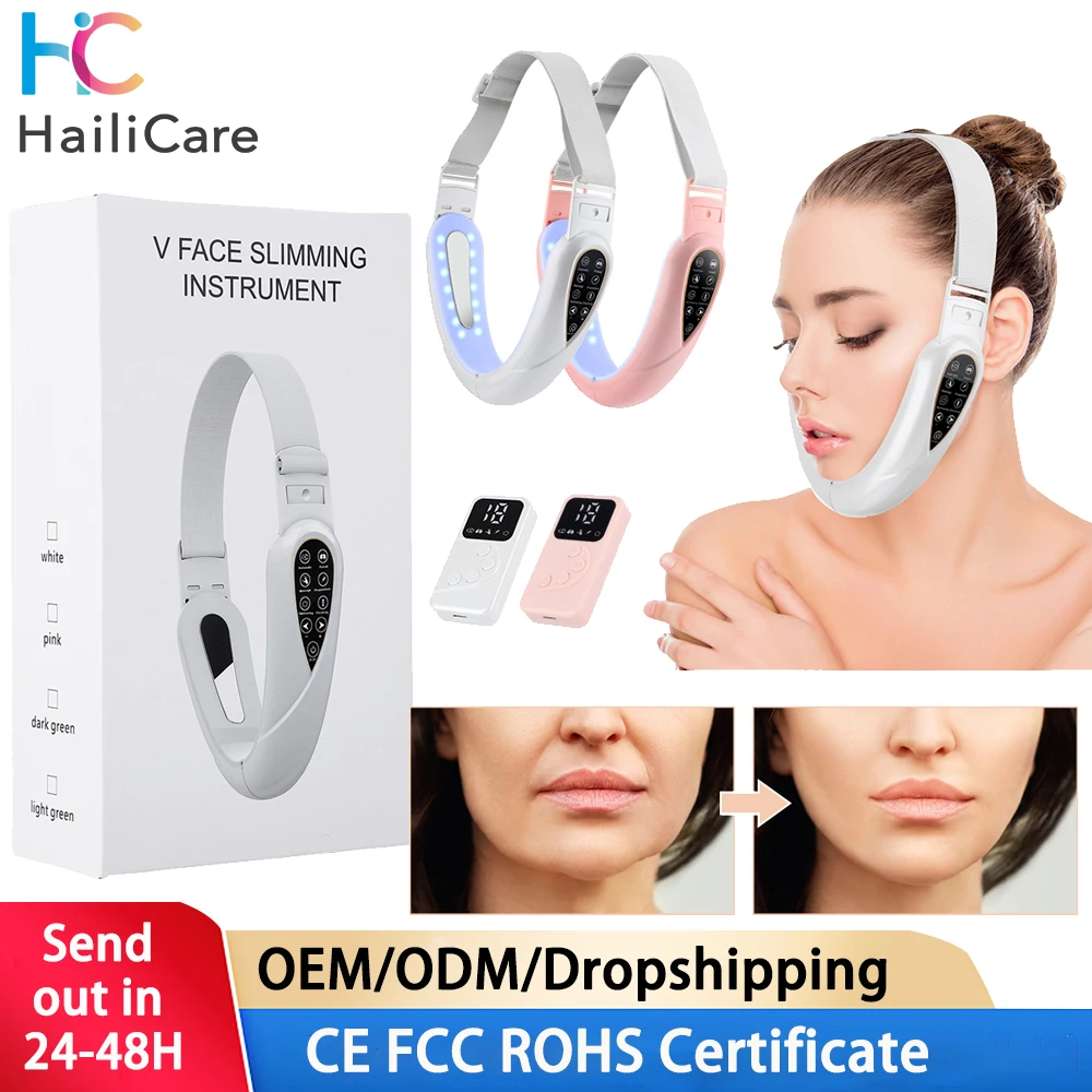 جهاز تدليك الاهتزاز للوجه على شكل حرف V مع علاج الفوتون LED مزيل الذقن المزدوج على شكل حرف V آلة حزام رفع الخد على شكل حرف V