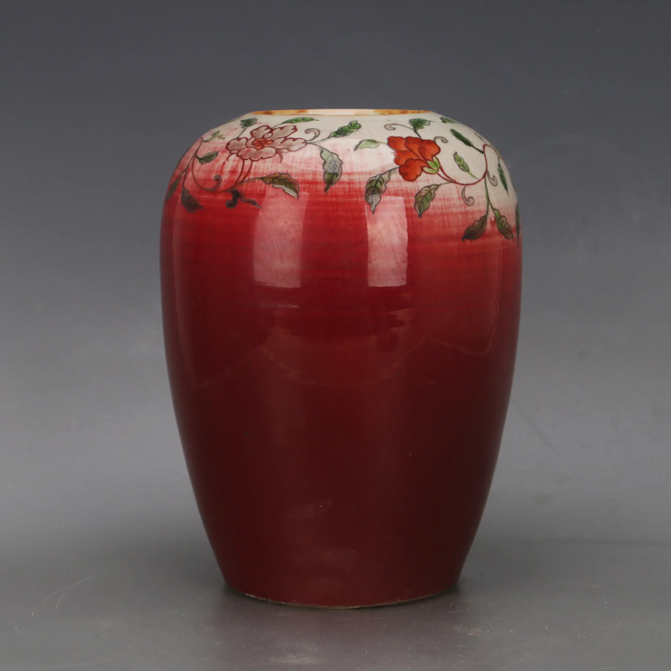 Chinese Qing Dynasty Lang Red Glaze Doucai Floral Melon Jar Wood Fired Porcelain Antique Home Decor Collectible