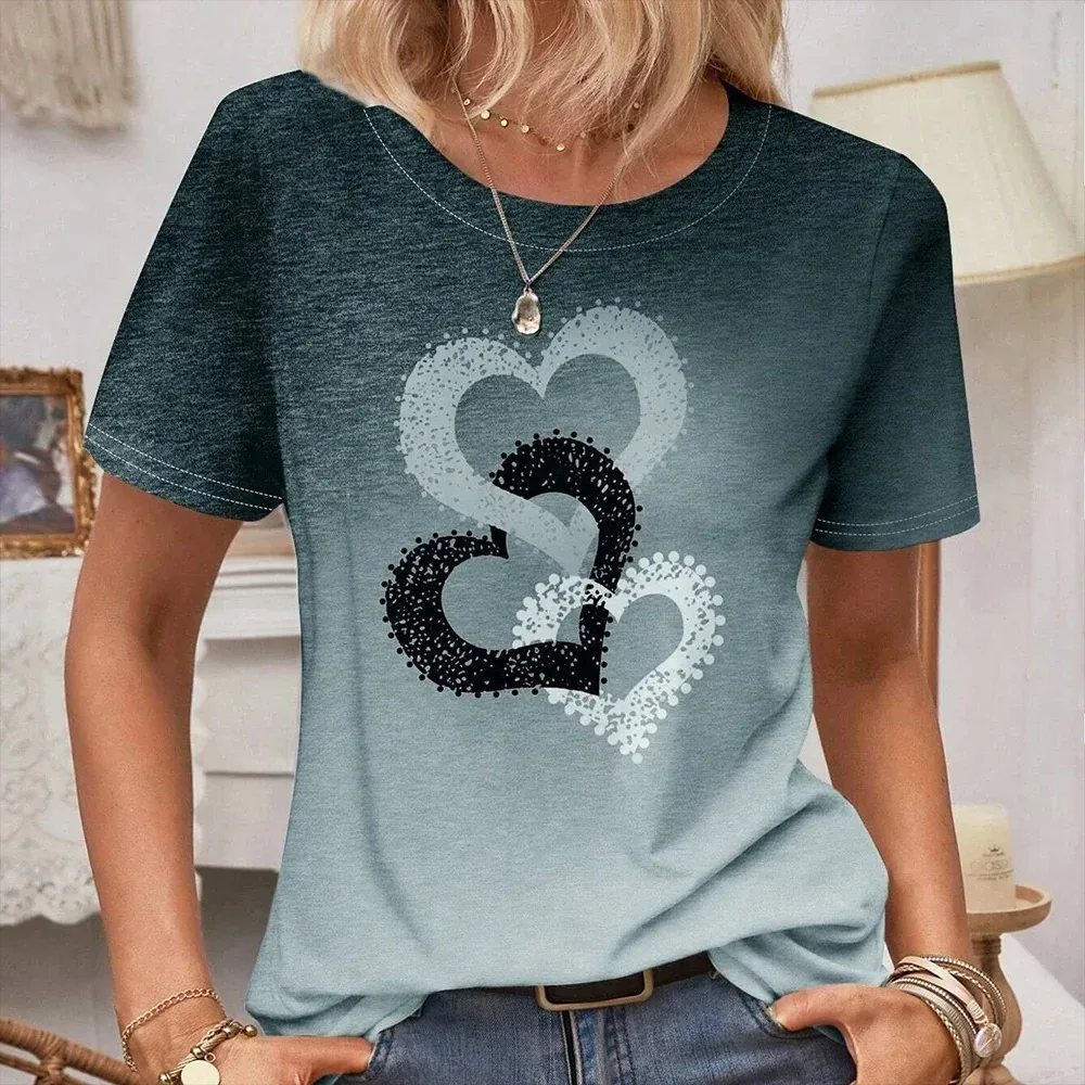 2024 Women's Round Neck Short Sleeve T-Shirt Love Pattern Top Women's Casual T-Shirt Y2K Fashion Breathable Short Sleeve