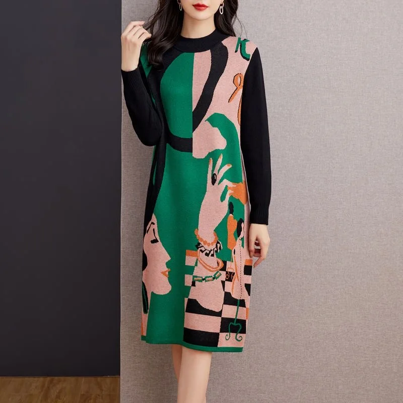 

Autumn Winter Knitted Cotton Floral Midi Dress Women Thick Warm Korean Vintage Pullovers 2024 Elegant Bodycon Wool Sweaters