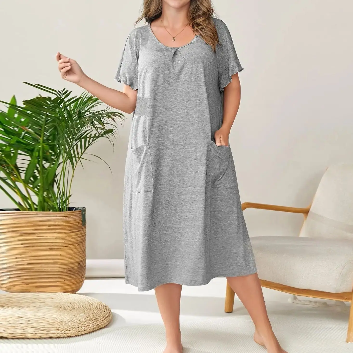 

Свободное повседневное платье больших размеров с карманами, женские однотонные пижамы, модная одежда для пухлых, Новое поступление 2025, женское цельное платье