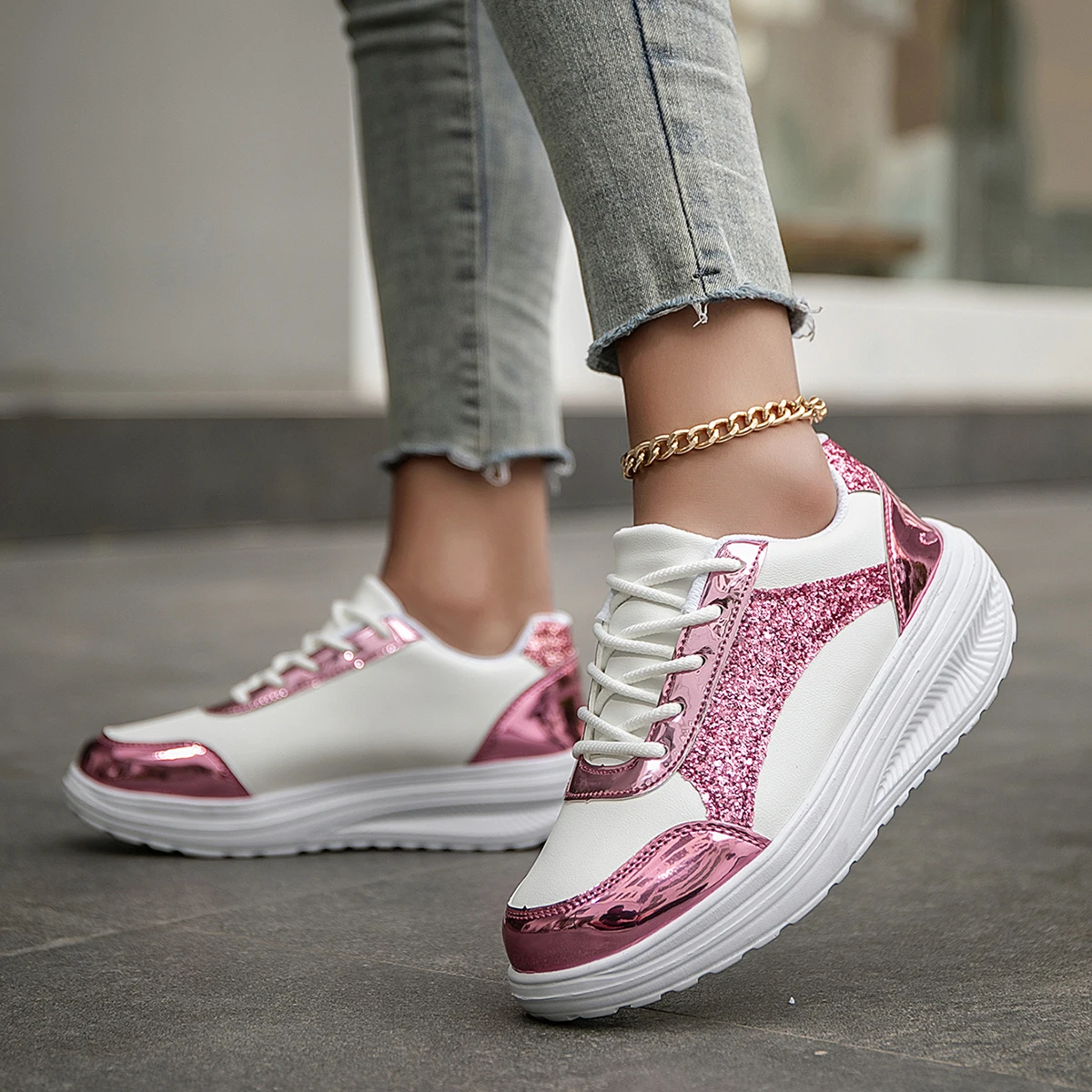 Luxe Strass Loopschoenen voor Vrouwen PU Leer Herfst Vrouwelijke Atletische Trainers Comfortabele Outdoor Wandelschoenen Fitness Schoenen