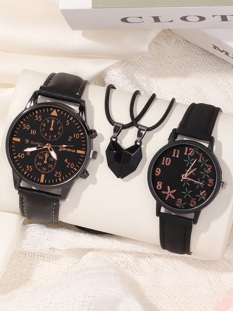 4pcs Business Watch Fashionable and Simple Quartz Watch Couple Watch Paired with Love Necklace Set