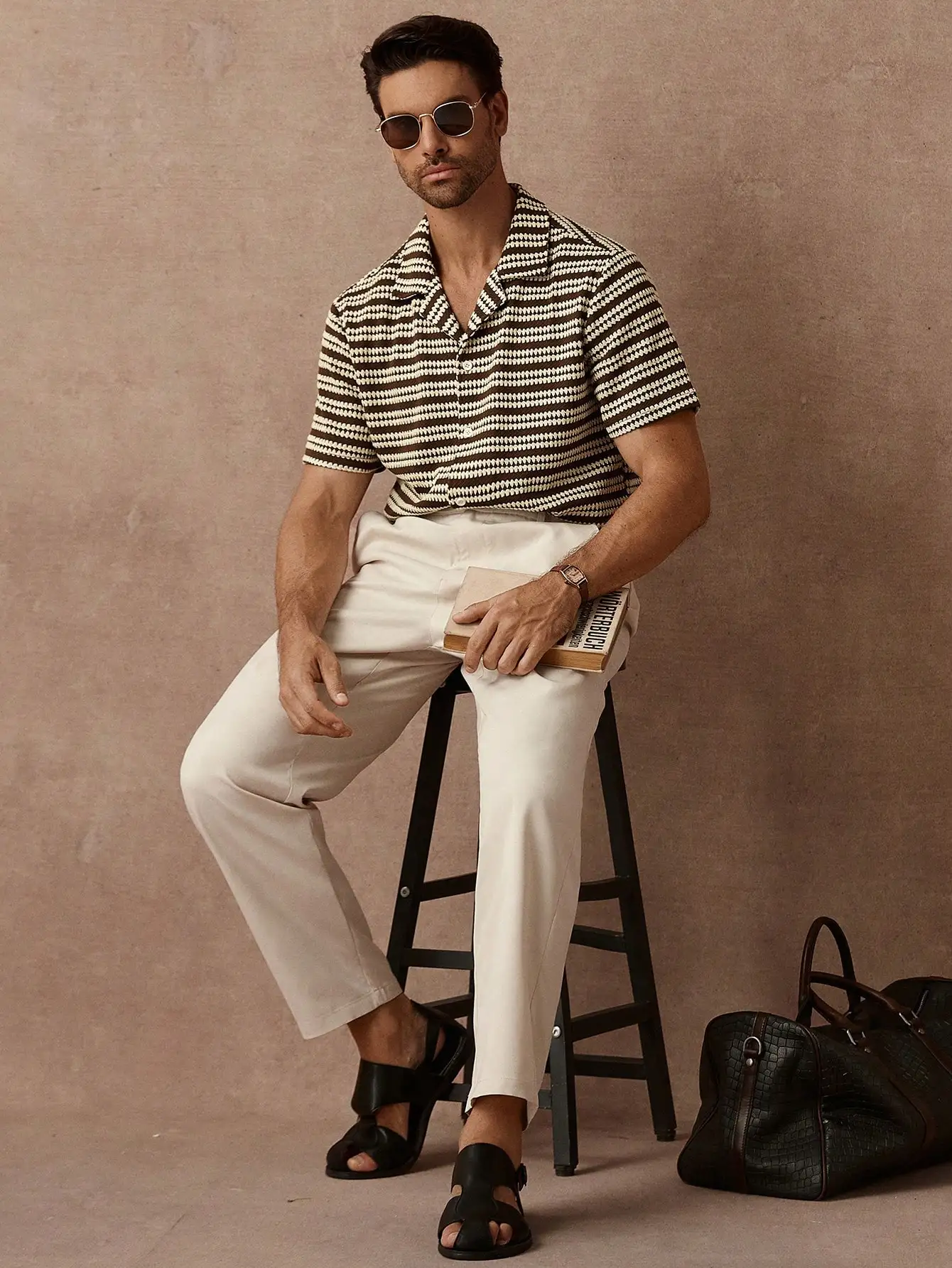 Men's Knitted Stripe Jacquard Short Sleeve Cardigan, Casual Vacation Style