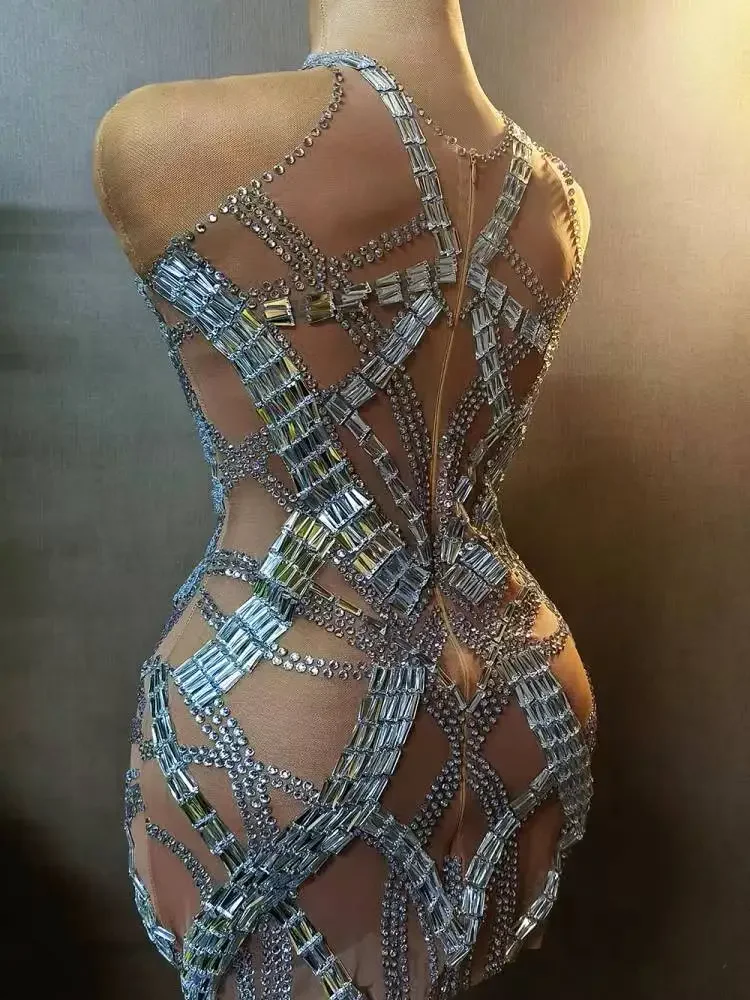 Vestido curto sem mangas de malha para mulheres, strass brilhantes, ver através, festa de aniversário comemorar, foto shoot traje