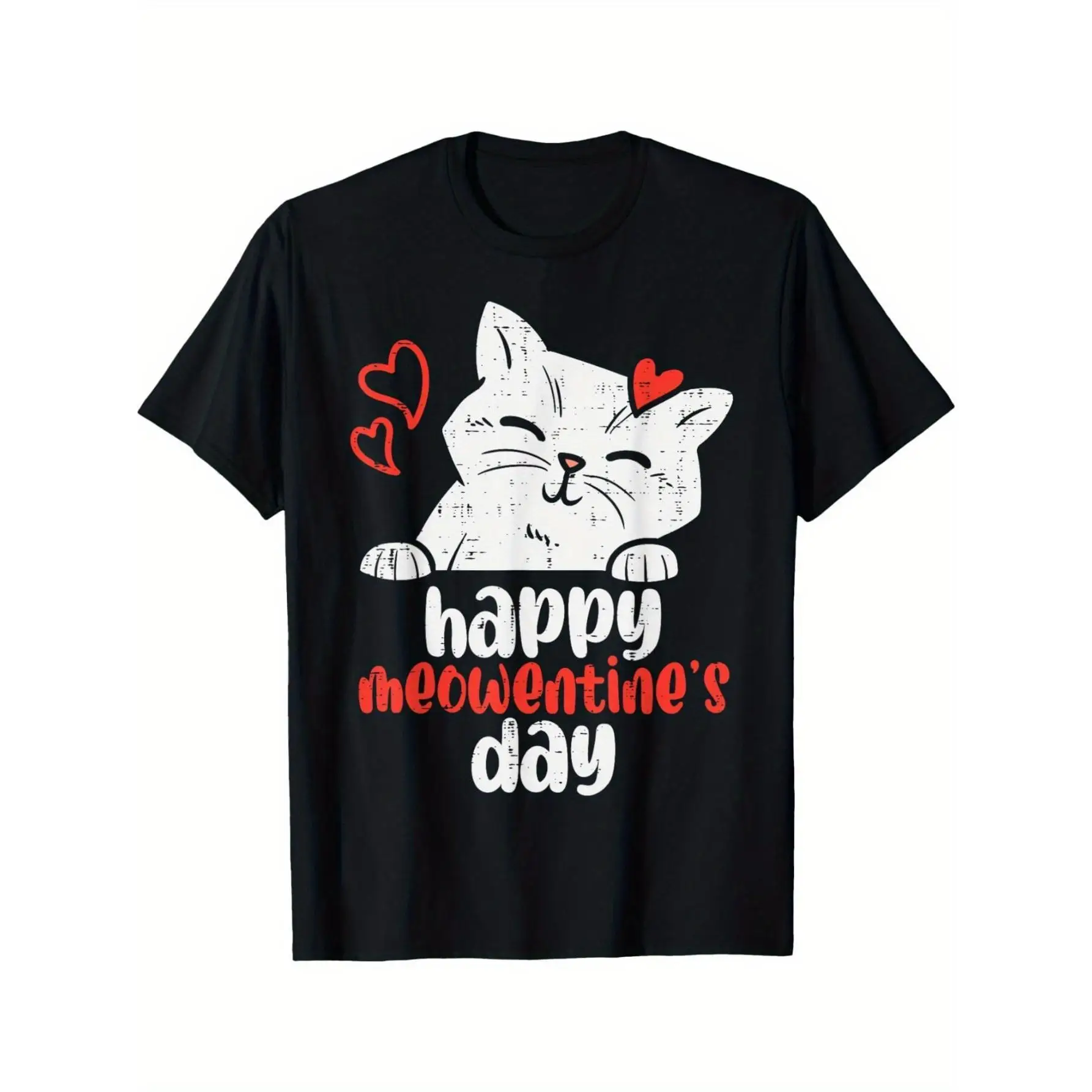 

Happy Meowentine's Day Women's Vintage Cat Lover T-Shirt - Black Cute Kitten & Hearts Graphic Tee, Round Neck Casual Top For