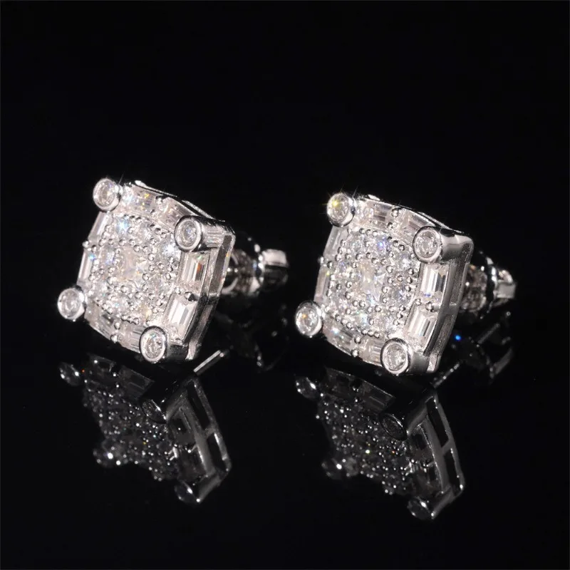 Iced Out Square Baguette Cut Moissanite Stud Earrings Screwback 925 Sterling Silver Rhodium Plated Pass Diamond Tester with Gra