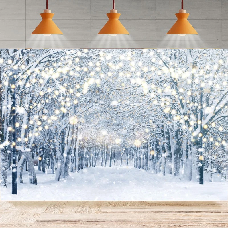 

Winter Snowy Scene Photography Background Snowflake Tree Snow Bokeh Glitter White Snow Forest Landscape Home Party Backdrop Wall