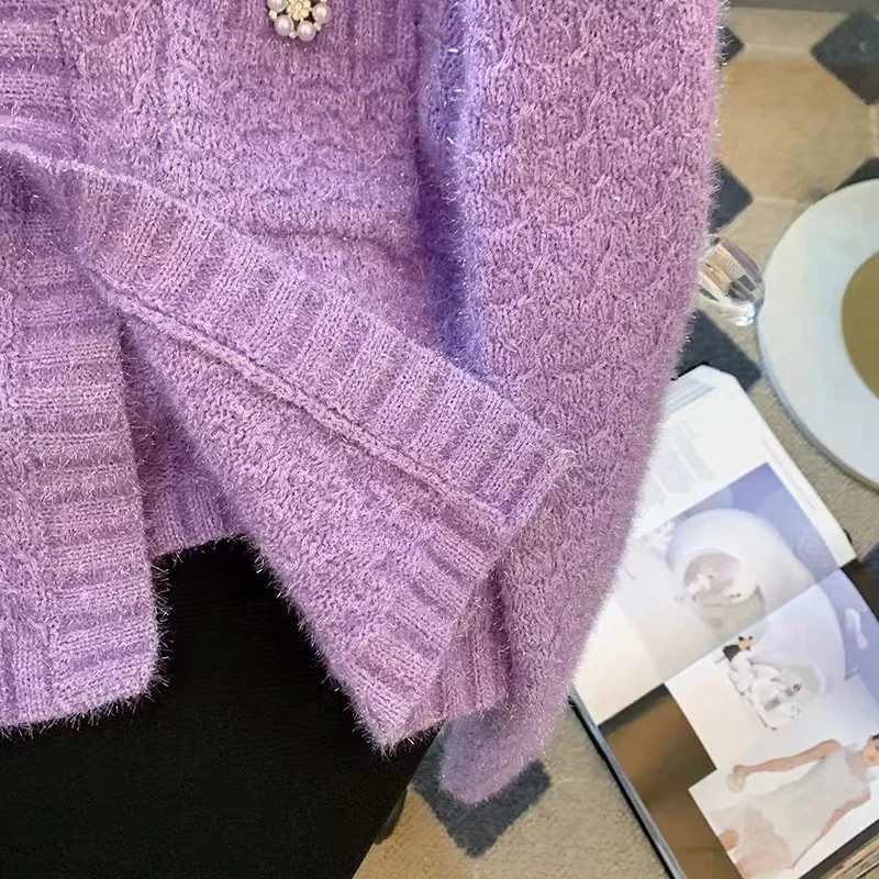 French Gentle Purple Knitted Sweater Coat Women Spring Fall Retro Luxury Cropped Jacket Top Casual Commuter Knit Cardigan Coat