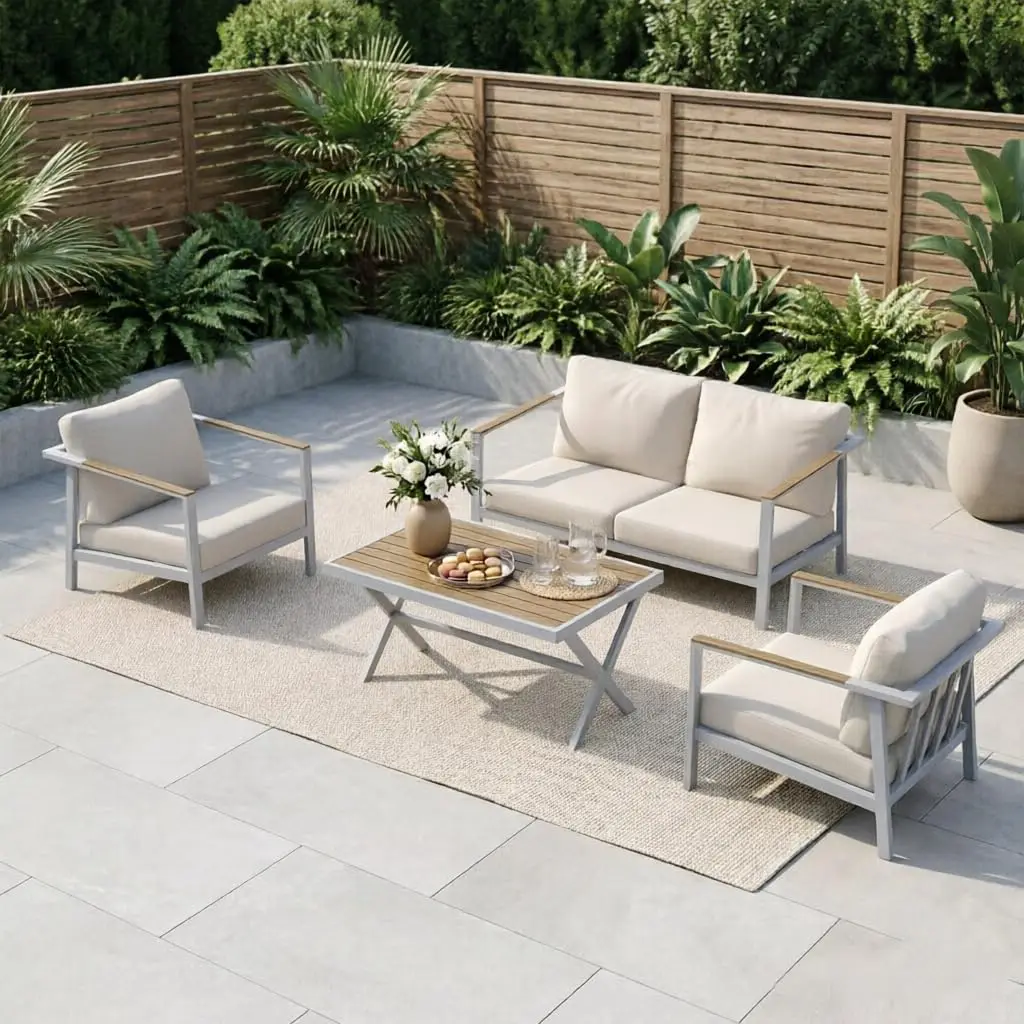 Aluminum Patio Sectional Sofa Set, 4 Piece Outdoor Conversation Set with Coffee Table & Washable Cushions, Customized