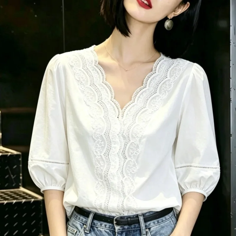 French Style V Neck Lace Blouse Women Hollow Puff Sleeve Elegant Commuter White Shirt Tops