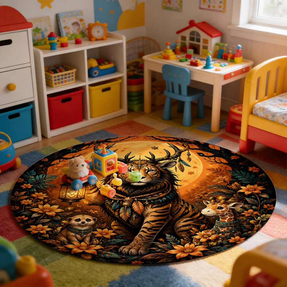 Enchanted Jungle Safari Animal Print Area Rug for Boho Nursery Kids Playroom Decor