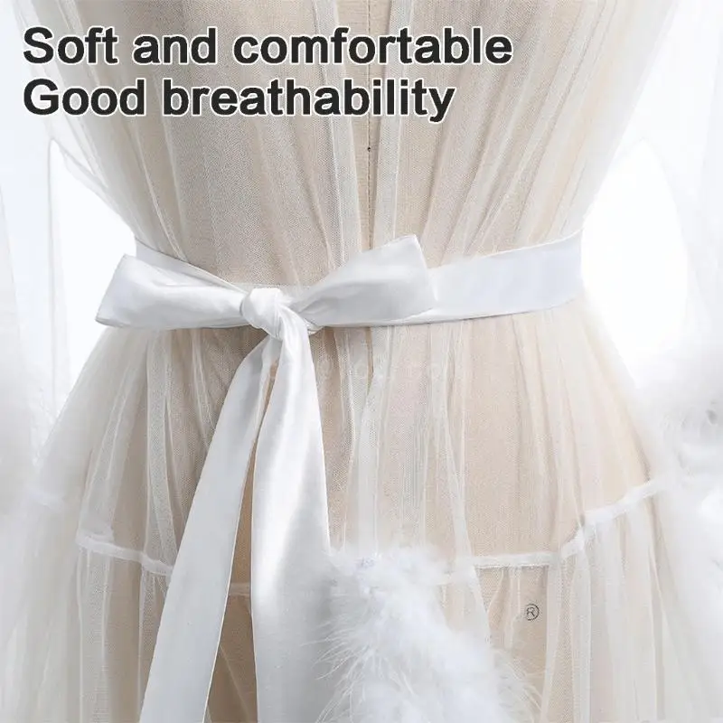 Elegant Sheer Mesh Kimono Robe for Women Chemise Dress with Satins Belt Furry Trim Long Sleeve Lingerie Party Nightgown