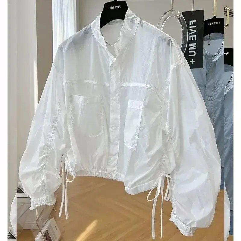 

Retro Spring/summer New Fashionable Drawstring Folded Casual Stand Up Collar Single Breasted Sunscreen Coat Thin Coat For Women