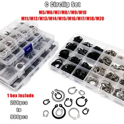 1 Set Mix M5 to M20 Assortment Kit Shaft Bearing Retaining Clip Snap Ring C Type External Circlip Stainless Steel Black 65mn