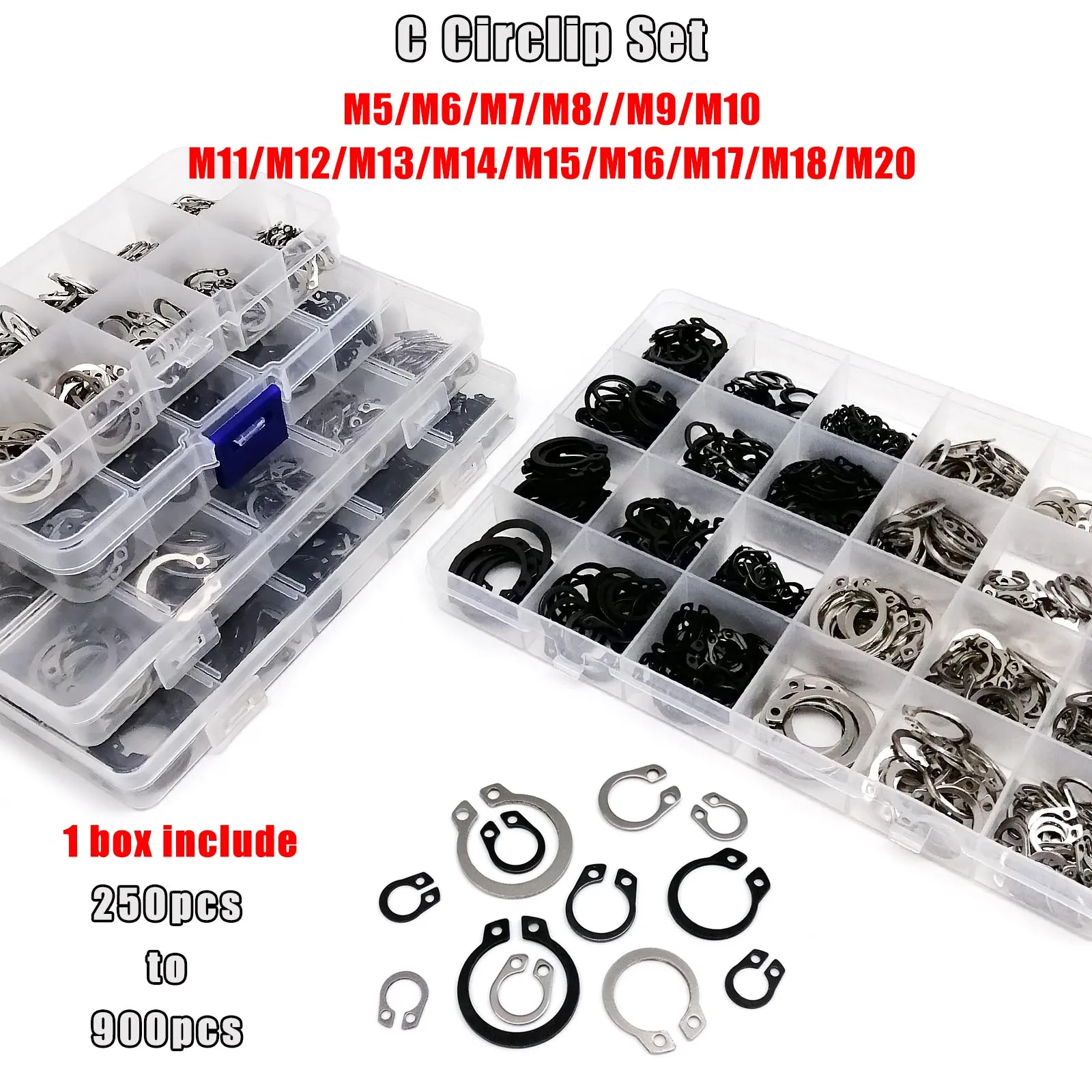 1 Set Mix M5 to M20 Assortment Kit Shaft Bearing Retaining Clip Snap Ring C Type External Circlip Stainless Steel Black 65mn