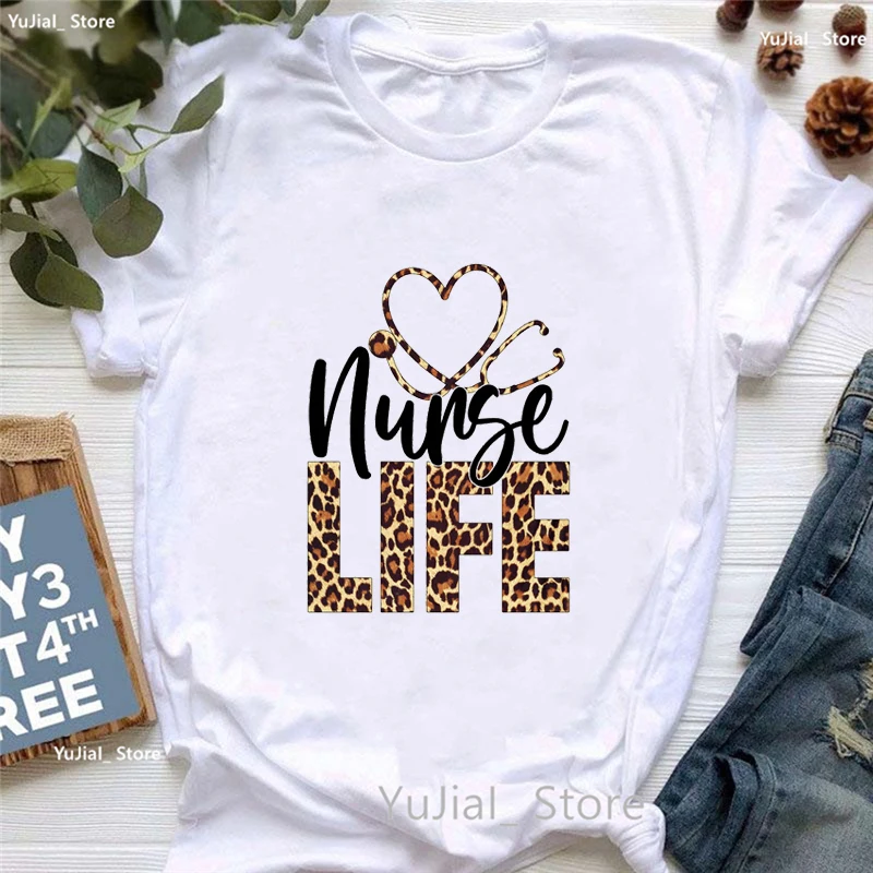 

Leopard Nurse Life Letter Printed Tshirt Girls Funny Fashion T Shirt Women Summer Black/White/Pink/Gray T-Shirt Female Tops