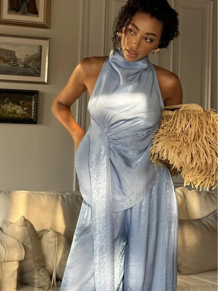 Satin Backless Sexy Twopiece Set Ruched Asymmetrical Off‑shoulder Halter Top Blue Pants Set 2026 Women Elegant Female Party Wear