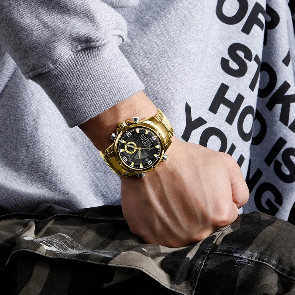 NAVIFORCE Luxury Men's Quartz Watch Dual Display Day Date Display Waterproof Chronograph Steel Strap Man Sports Gift Wristwatch