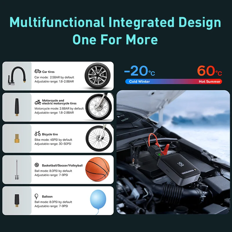 Baseus 2 In 1 자동차 점프 스타터 보조베터리 공기 압축기 타이어 펌프 비상 배터리 충전기 자동차 부스터 시작 장치