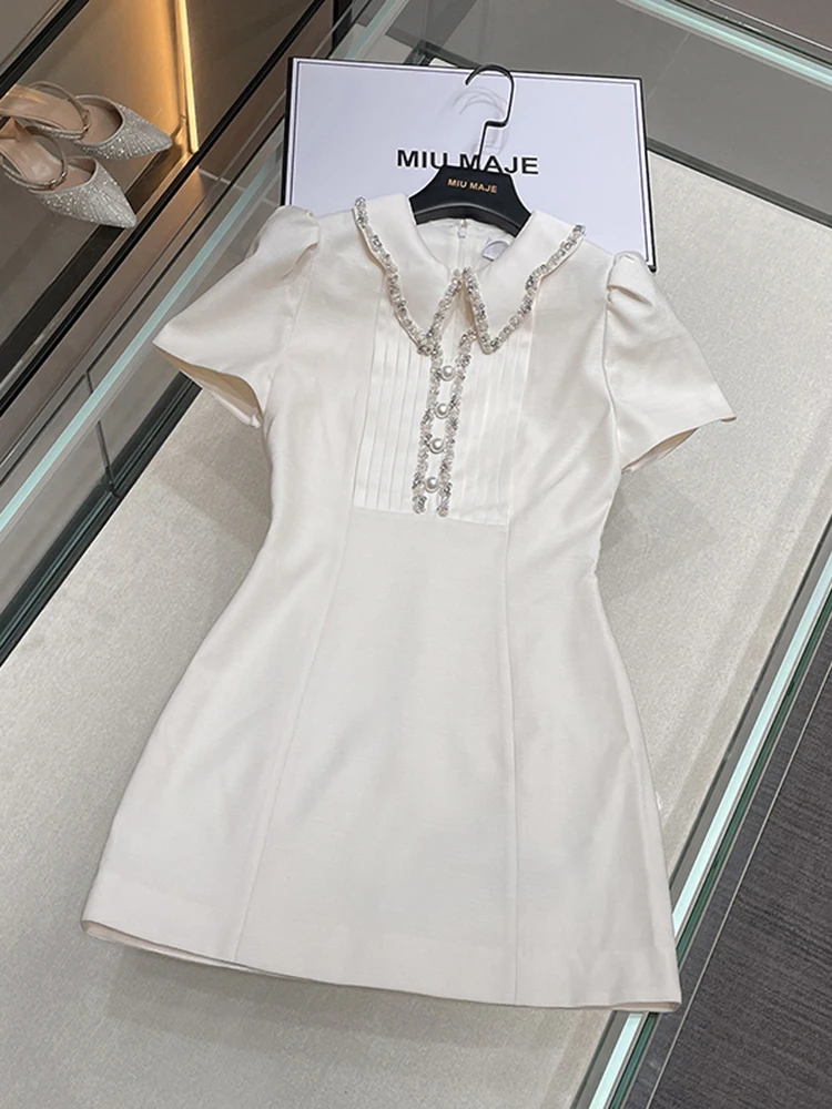 

South Oil High-End Women's Summer Small Fraance Wind Beaded ortened Waist Pleated Dr Women's High Waist A-Line Dr
