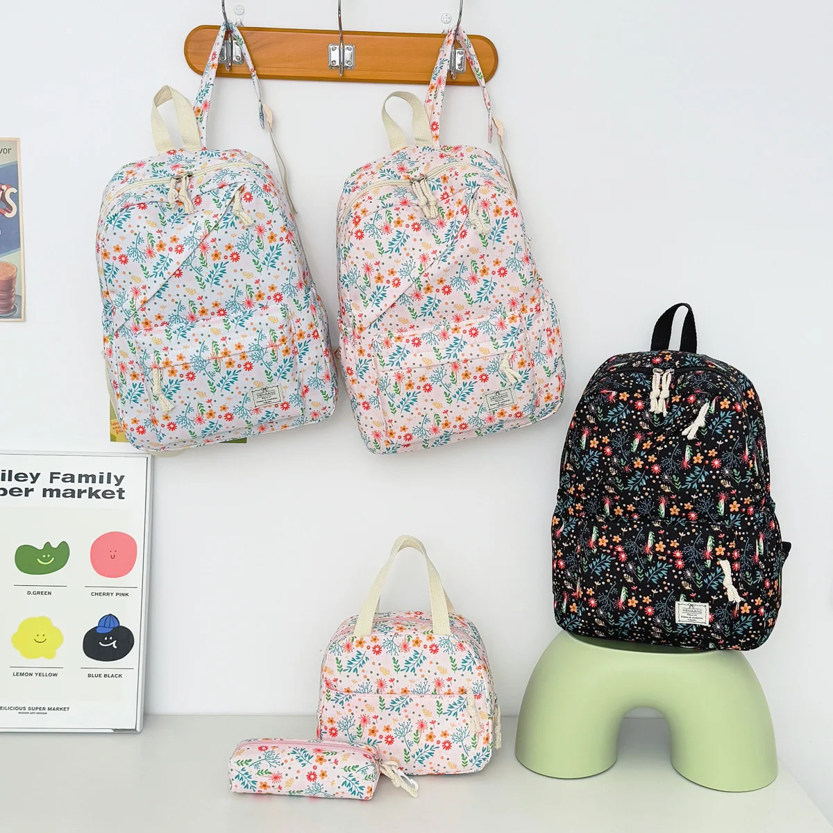 College Style Polka Dot Strawberry Print Three Piece Backpack Set Lightweight Multifunctional Slanted Zipper Backpack Campus