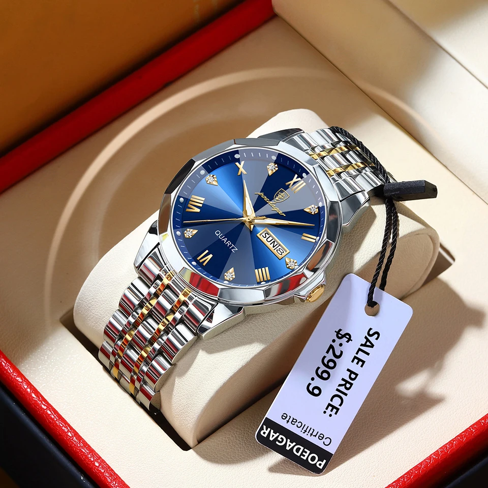 POEDAGAR Top Brand Luxury Men's Watches Waterproof Luminous Calendar Week Watch For Man Casual Stainless Steel Quartz Men Watch