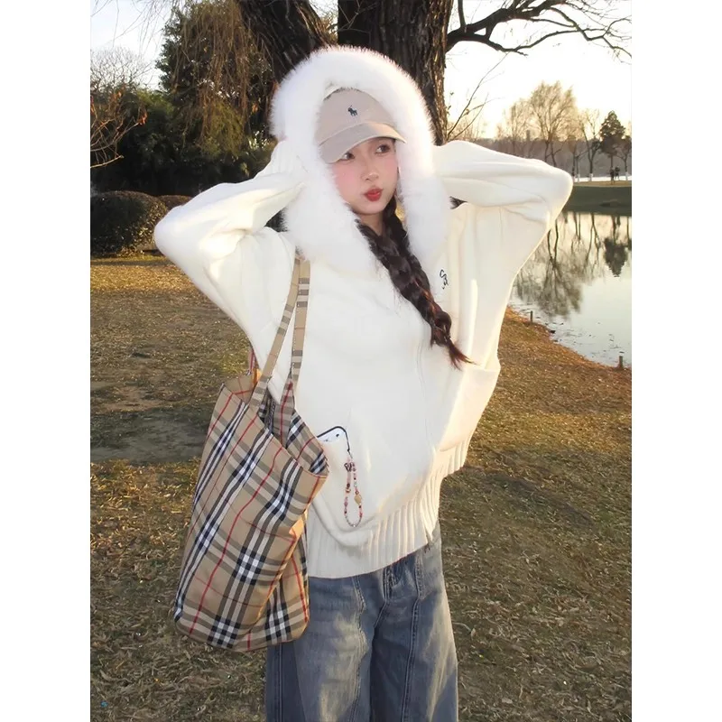 

Корейский милый вязаный кардиган, женская куртка с воротником из овечьей шерсти, ранняя осень, новый атмосферный топ