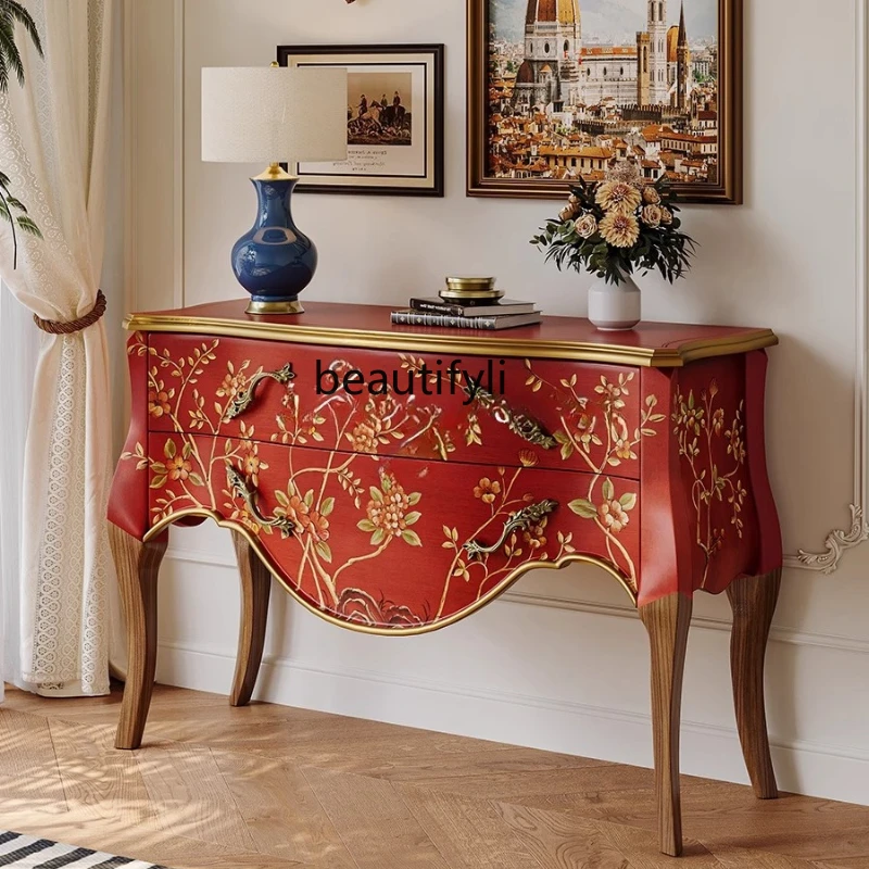 

Painted decorative cabinet entrance, medieval style living room, bedside dressing side American all-solid wood side cabinet