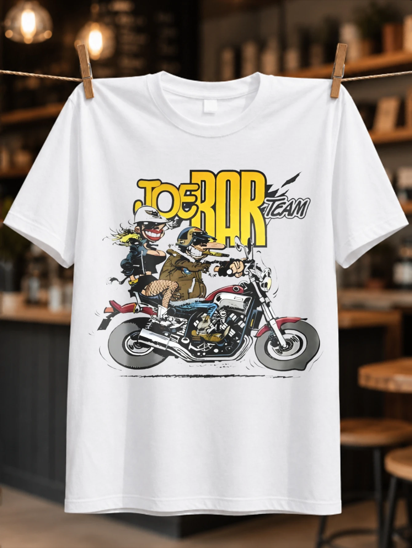 Joe Bar Team cartoon motorcycle duo with yellow logo and bold racing action classic comic moto  Unisex All T-Shirt