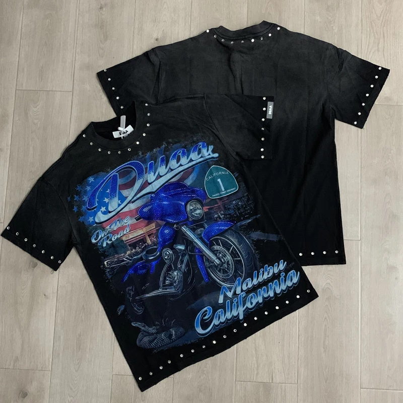 American Retro High Quality Men Duaa T-shirts Washed Out Distressed Holes Rhinestone Embellishments Trendy Fashionable DUAA Top