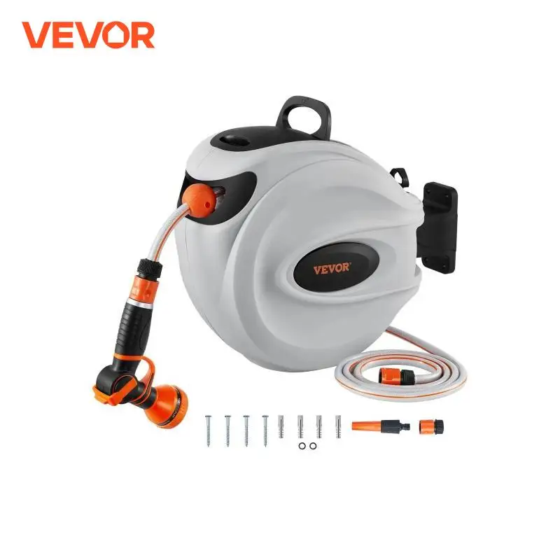 VEVOR Retractable Hose Reel1/2 inch 180° Swivel Bracket Wall-Mounted Garden Water Hose Reel with 9-Pattern Nozzle and 3 Fast