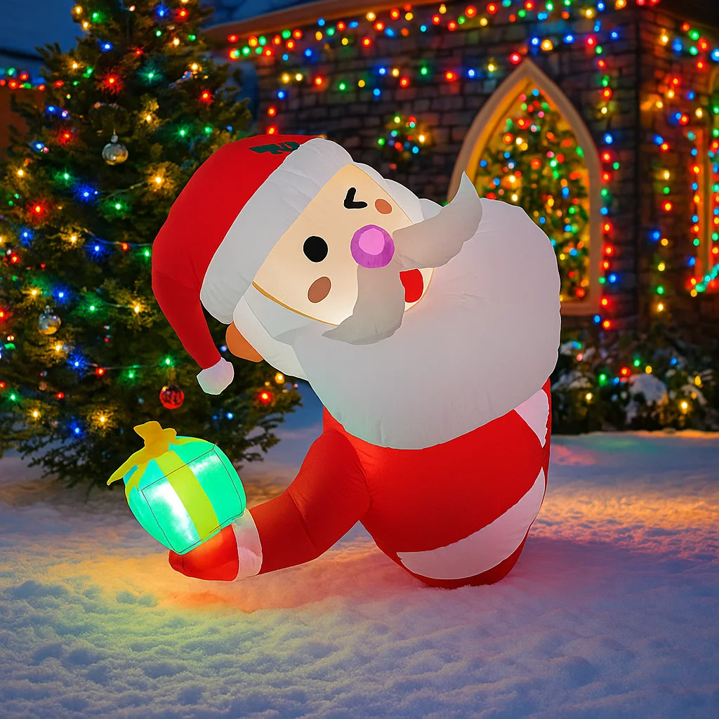 3.3FT Christmas Decorations Inflatable Santa Claus Holding Gift Box Toys Home Yard Ornaments with LED Decor Christmas Party Toy