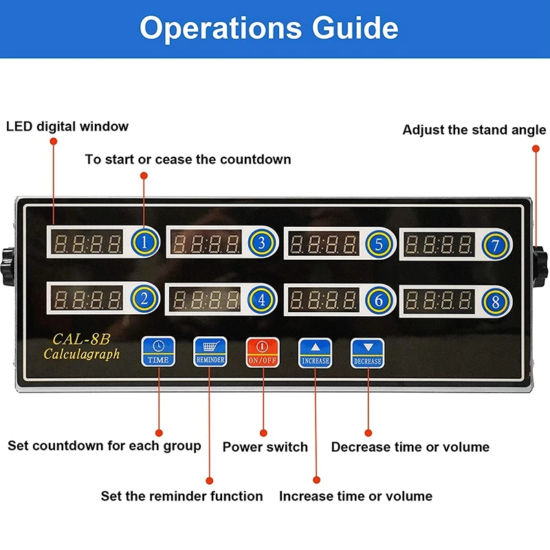 

Commercial 8 Channels Digital Kitchen Timer, Stainless Steel Calculagraph Timer with Alarm , Clock Reminder,EU Plug