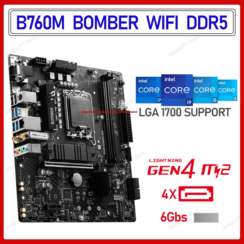 MSI B760M Bomber Wifi DDR5 Motherboard Socket LGA 1700 Intel B760 12th 13th CPU Processor M.2 PCIE 4.0 Micro-ATX Desktop PC New