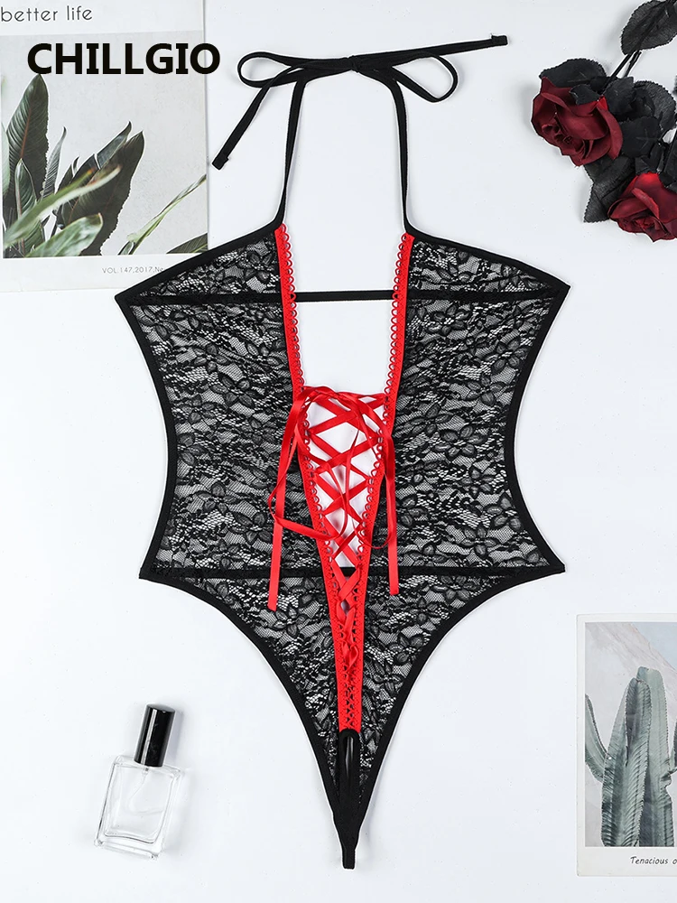 

CHILLGIO Women Floral Lace-up Lace Halter Bodysuits Intimate One Piece Combination Onesie Fashion Sexy Backless Rompers Lingerie