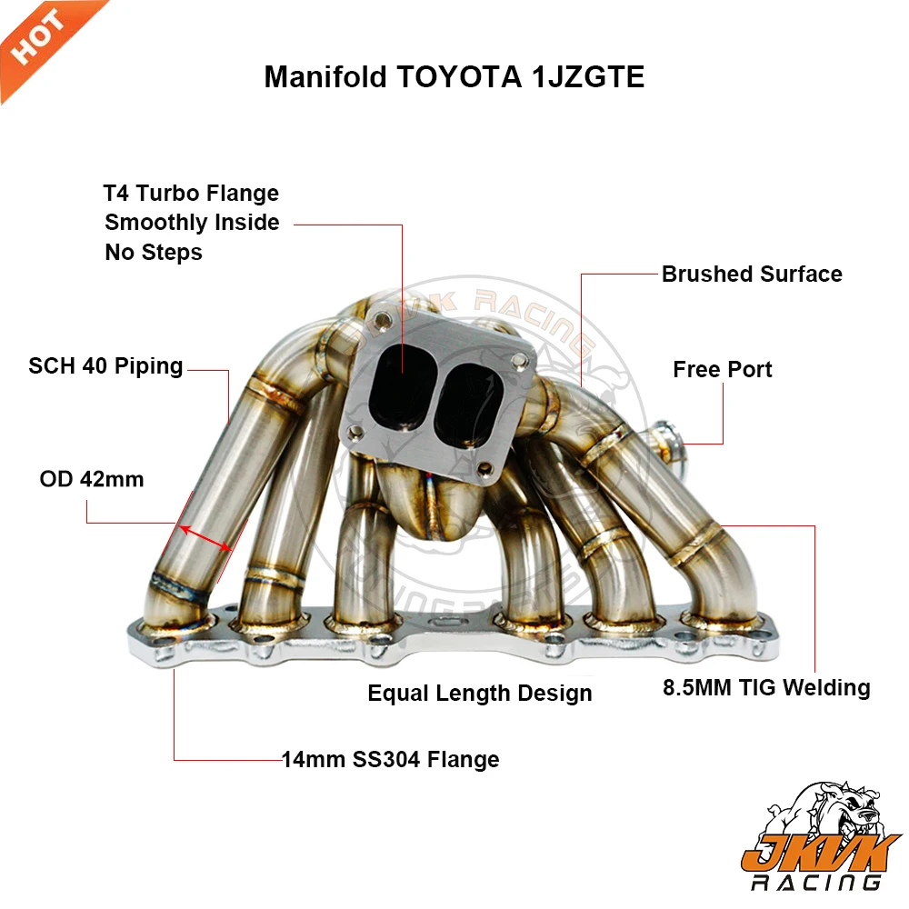 JKVK wyścigowy 3.0mm ze stali nierdzewnej jednakowej długości T4 Turbo kolektor wydechowy dla 1JZ-GTE NON VVTI