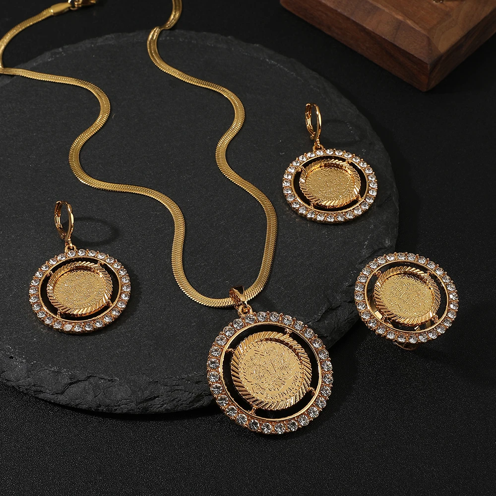 4pcs/set golden coin pendant necklace+ earrings+ ring jewelry set Dubai Luxury  Wedding Party Bridal Jewelry Suit  Accessory Gif