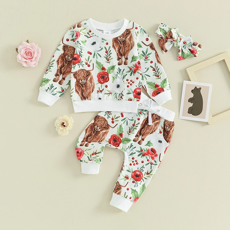 

2023-08-09 Lioraitiin 0-3Y Baby Girl Christmas Outfits Long Sleeve Sweatshirt + Cow Print Pants + Headband Set Toddler Clothes